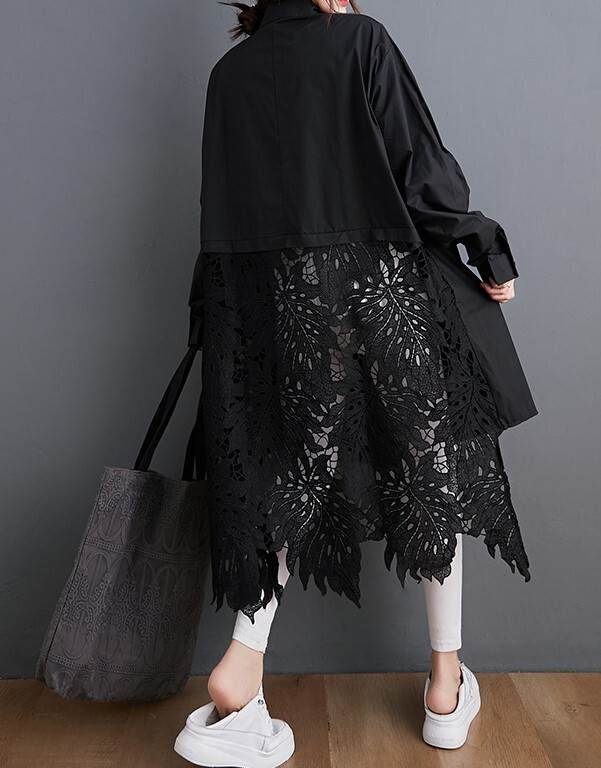 【P2倍&クーポン有】リーフ柄 レース ビッグシルエット シャツワンピース ワンピース 送料無料 個性的 秋コーデ ひざ丈 ミモレ丈 ミディアム丈 長袖 スタンドカラー ポケット 羽織り 透け感 ブラック 黒 ホワイト 白 葉っぱ 植物 モチーフ フリーサ