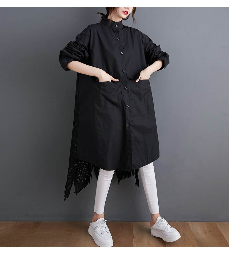 【P2倍&クーポン有】リーフ柄 レース ビッグシルエット シャツワンピース ワンピース 送料無料 個性的 秋コーデ ひざ丈 ミモレ丈 ミディアム丈 長袖 スタンドカラー ポケット 羽織り 透け感 ブラック 黒 ホワイト 白 葉っぱ 植物 モチーフ フリーサ