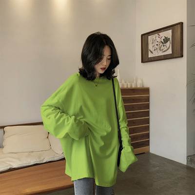 Rakuten - 【P2倍&クーポン有】オーバーサイズ 無地 ロンT トップス レディース Tシャツ カットソー プルオーバー ビッグT 春 秋 冬 長丈トップス お尻カバー ポッコリお腹カバー 長袖 萌袖 ラウンドネック BIGシルエット 落ち感 アメカジ 色展開 カラバリあり