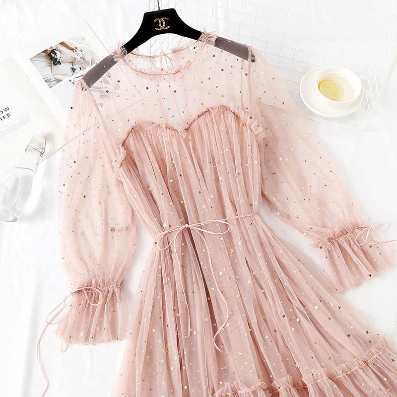 【P2倍&クーポン有】キラキラ メッシュワンピース ドレス 6色 シースルー レディース 結婚式 二次会 お食事会 食事会 デート お出かけ 可愛い レース セ...