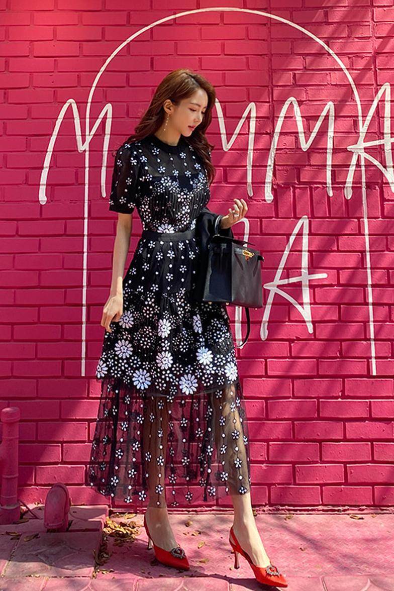 【P2倍&クーポン有】シースルー フレアワンピース ワンピース レディース 個性的 春 夏 お尻カバー 半袖 ぽわん袖 Uネック ラウンドネック フレア Aライン ファスナー ウエストゴム 透け感 ブラック 柄あり サイズ豊富 S M L XL 薄手 オフィス パーティー イベント