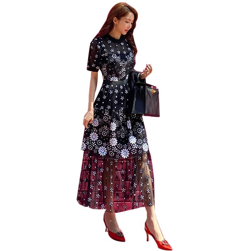 【P2倍&クーポン有】シースルー フレアワンピース ワンピース レディース 個性的 春 夏 お尻カバー 半袖 ぽわん袖 Uネック ラウンドネック フレア Aライン ファスナー ウエストゴム 透け感 ブラック 柄あり サイズ豊富 S M L XL 薄手 オフィス パーティー イベント