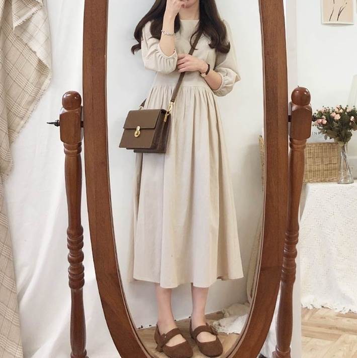 【P2倍&クーポン有】ミモレ丈 シャツワンピース ワンピース レディース ティアード 個性的 春 秋 冬 ひざ下 お尻カバー 裾ワイド 七分袖 パフスリーブ ク...