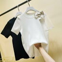 【P2倍&クーポン有】2色 トップス Tシャツ シャツ ニット レディース 春夏 かわいい ゆったり 半袖 萌袖 Uネック ラウンドネック タイト 細身 ストレート リボン 透け感 シースルー プルオーバー 白 ホワイト 黒 ブラック 大人カラー モノトーン S M