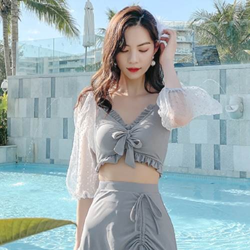 【P2倍&クーポン有】ドット柄 水玉 レース 刺繍 透け感 シアー 個性的 夏 シアー袖 立体的 ハリ感 異素材MIX 水着 レディース タンキニ 体型カバー 短パン スカパン セパレート パッド付き 長袖 リボン フリル ハイウエスト メッシュ セット ツーピース 上下セット