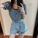 【P2倍&クーポン有】トップス ショート丈 半袖 レディース Tシャツ ブラウス 夏 スクエアネック デコルテきれい スリム タイト 赤 青 ボーダー調 サイズ豊富 M L XL 2XL 3XL 4XL 学校 イベント リゾート 旅行 海 プール ライブ カラオケ 外出 流行 トレン