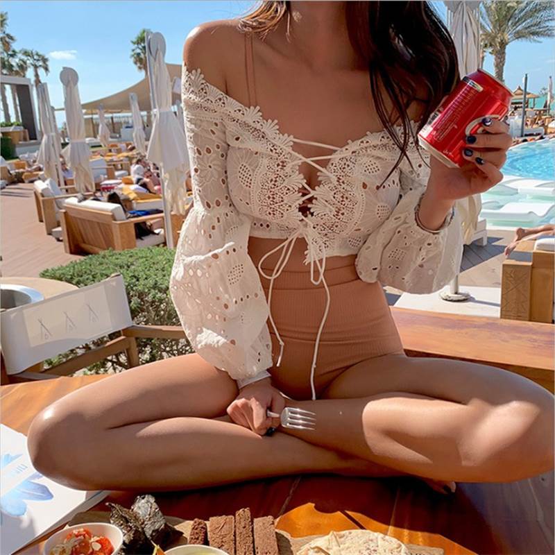 【P2倍&クーポン有】スリーピース ビキニ 水着 レディース 紐 セパレート オフショル 二の腕カバー 長袖 レース レースアップ かわいい 大人可愛い きれいめ セクシー 無地 刺? リゾート 旅行 プール 夏 海 体型カバー M L XL ホワイト 茶色 ブラウン