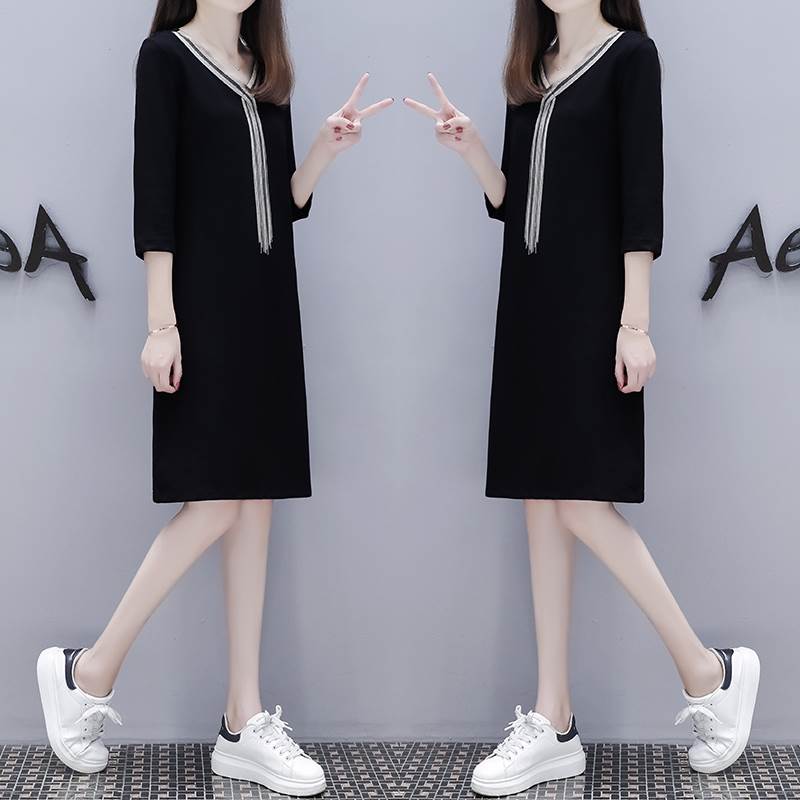 【P2倍&クーポン有】ブラック ひざ丈 Vネック ワンピース レディース カットソー プルオーバー Tシャツワンピ 個性的 春 秋 七分袖 ミドル丈 スリム 細...