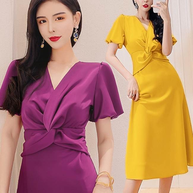 【P2倍&クーポン有】オケージョンドレス ワンピドレス カシュクール ワンピース レディース 送料無料 個性的 夏 ひざ下 半袖 Vネック セミフレア マーメイ...