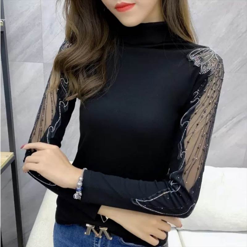 【P2倍&クーポン有】ハイネック トップス シースルー レディース プルオーバー 個性的 春 夏 秋 普通丈トップス 裾イン 長袖 タートルネック ボトルネック スリム タイト セミタイト 細身 レース ビジュー 透け感 無地 柄あり M L XL LL 2XL 3L 3XL 4L 大きいサイズ 2