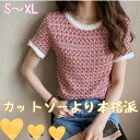 【P2倍&クーポン有】カットソー ニット トップス レディース 個性的 春 夏 ミドル丈 裾イン 半袖 クルーネック 丸首 ラウンドネック スリム タイト セミタイト ストレート スマート バック 後ろ ボタン 柄あり 幾何学模様 S M L XL LL サマーニット オフィス 大学 海