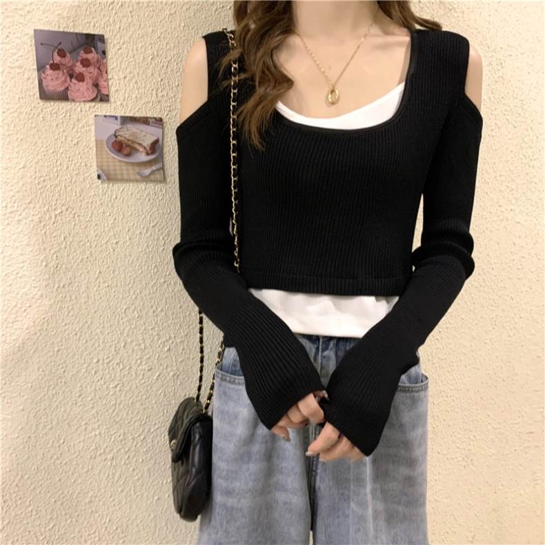 【P2倍&クーポン有】ドッキング カットソー トップス レディース 個性的 春 秋 ショート丈 短丈トップス 長袖 クルーネック 丸首 ラウンドネック 襟なし 肩だし 肌みせ 色展開 ブラック 黒 グレー 灰色 ピンク 無地 フリーサイズ リブ 大学 リゾート 旅