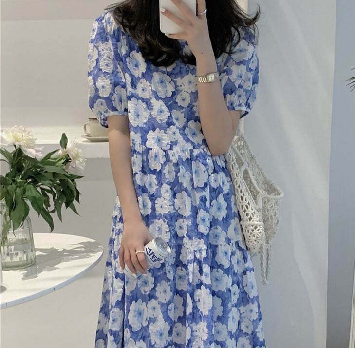 【P2倍&クーポン有】花柄 ワンピース レディース フレアワンピース 個性的 春 夏 アンクル丈 ロング丈 半袖 五分袖 ぽわん袖 パフスリーブ ラウンドネック...