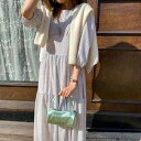 【P2倍&クーポン有】ロング丈 ポッコリお腹カバー ワンピース ティアードワンピ 送料無料 個性的 春 夏 五分袖 二の腕カバー ラウンドネック セミフレア ブ...