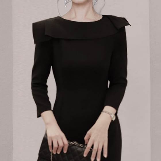 【P2倍&クーポン有】フリルカラー タイト ワンピース ペンシルスカート ワンピドレス 春 秋 冬 ひざ丈 ひざ下 長袖 ラウンドネック 襟付き スリム 細身 ...