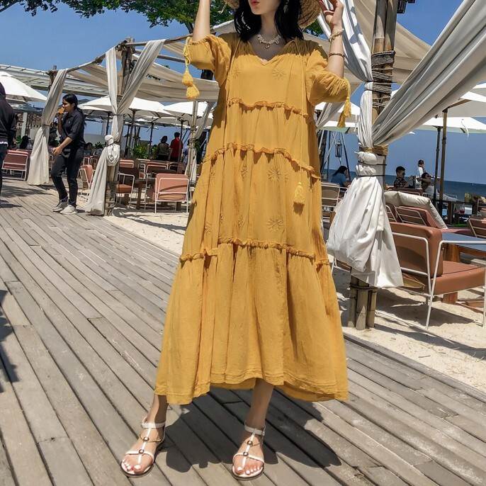 【P2倍&クーポン有】ティアードワンピ ロング丈 ワンピース春 夏 マキシ丈 五分袖 七分袖 二の腕カバー ふわ袖 ぽわん袖 Vネック 襟付き デコルテきれい ...