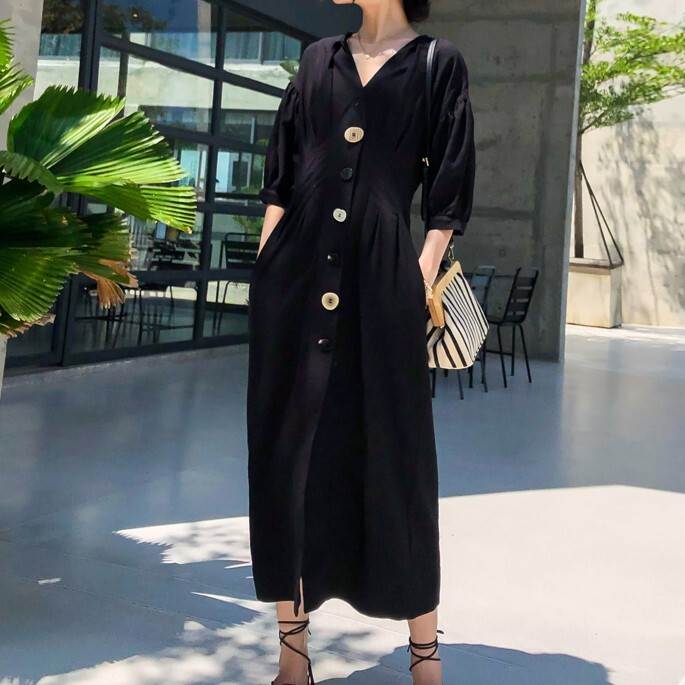 【P2倍&クーポン有】Vネック ボタン シャツワンピース ワンピース レディース 送料無料 個性的 春 夏 ロング丈 アンクル丈 お尻カバー ポッコリお腹カバー...