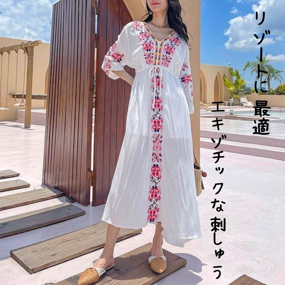 【全品P3倍　5月末まで】ボタニカル ワンピドレス シャツワンピース ワンピース レディース プルオーバー 送料無料 個性的 春 夏 ロング丈 アンクル丈 お尻カバー ポッコリお腹カバー 七分袖 Vネック デコルテきれい 鎖骨きれい フレア Aライン 落ち感 すっきりのサムネイル