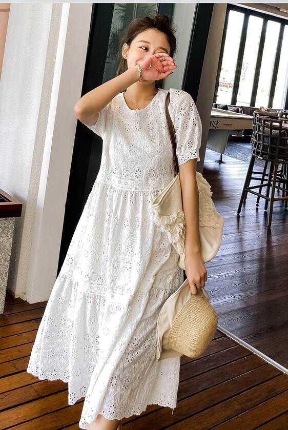 【P2倍&クーポン有】切り替えデザイン ティアードワンピ ワンピース レディース プルオーバー ティアード ワンピドレス シャツワンピース 送料無料 個性的 春 夏 ロング丈 お尻カバー ポッコリお腹カバー 半袖 パフスリーブ ラウンドネック フレア Aラ