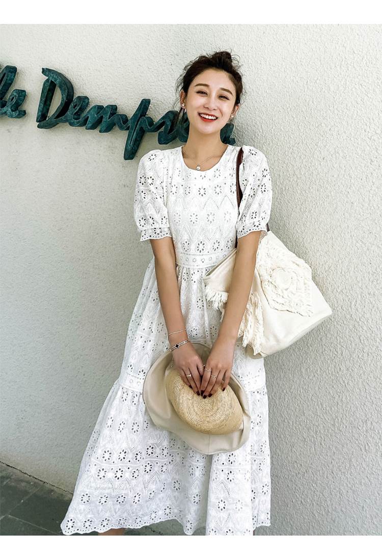 【P2倍&クーポン有】切り替えデザイン ティアードワンピ ワンピース レディース プルオーバー ティアード ワンピドレス シャツワンピース 送料無料 個性的 春 夏 ロング丈 お尻カバー ポッコリお腹カバー 半袖 パフスリーブ ラウンドネック フレア Aラ