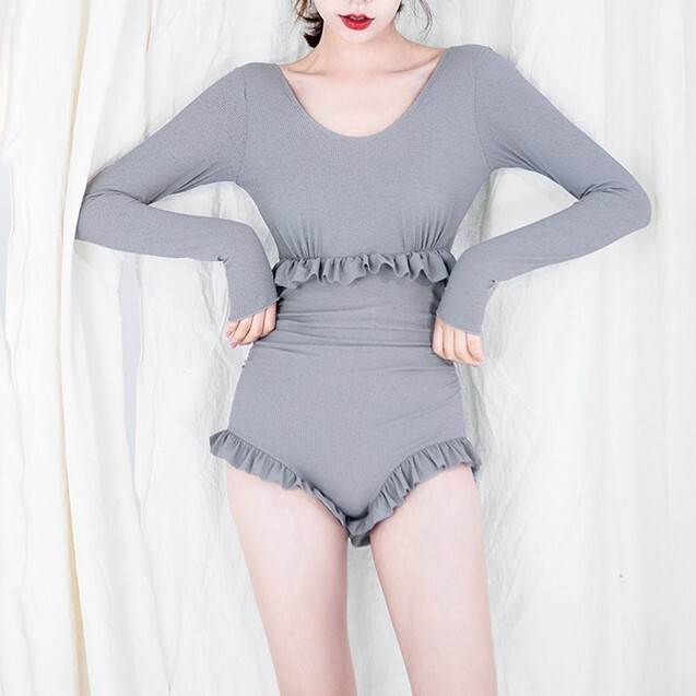 【P2倍&クーポン有】バックシャン 長袖 水着 レディース ワンピース 送料無料 個性的 夏 Vネック タイト 体型カバー 三角ビキニ パッド付き 二の腕カバー フリル ハイウエスト かわいい 大人可愛い きれいめ シンプル カジュアル ナチュラル 華やか 大人っぽい