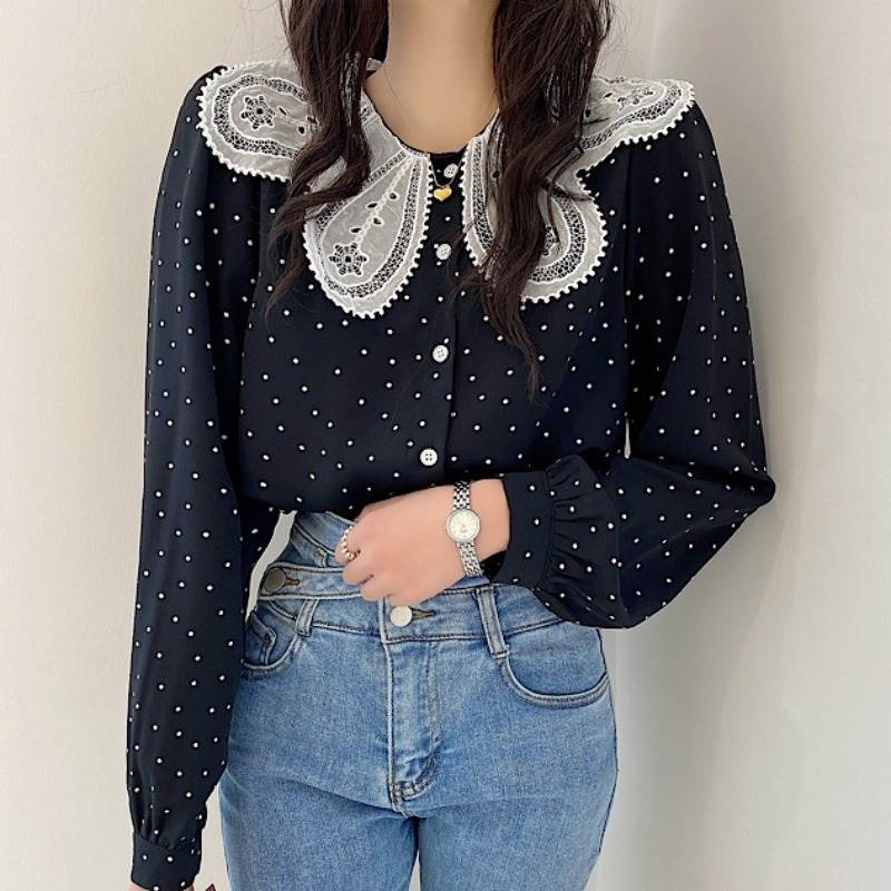 【P2倍&クーポン有】普通丈トップス 長袖 襟付き トップス ブラウス 個性的 春 夏 大きな襟 ビッグカラ..