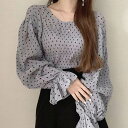 【P2倍&クーポン有】シャツ ブラウス 柄シャツ 春 秋 長袖 ひらり袖 ボリューム袖トップス レディース Uネック 襟なし デコルテきれい 鎖骨きれい フレア バルーン すっきり ボリューム シフォン 透け感 シースルー ベージュ ブルー 総柄 ドット柄 水玉 フリーサイズ