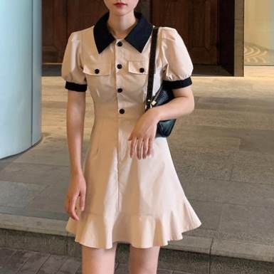 【P2倍&クーポン有】ワンピース 韓国 オルチャン Tシャツワンピ 個性的 春 夏 ミニ ひざ上 半袖 襟付き ポロカラー スリム 細身 前開き ポケット ベー...