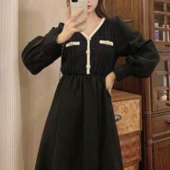 【P2倍&クーポン有】ワンピース レディース 春 秋 冬 ひざ下 ミモレ丈 長袖 バルーン袖 Vネック ハイネック フレア Aライン ボタン ブラック ホワイト...