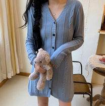 【P2倍&クーポン有】ワンピース ニット レディース 春 秋 冬 ミニ ショート丈 長袖 Vネック 襟なし スリム 細身 Aライン 前開き ボタン ブラック ブ...