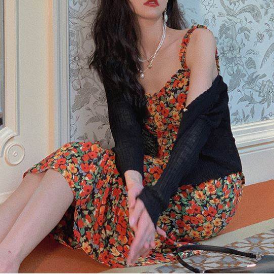 【P2倍&クーポン有】小花柄 マーメイド キャミソール ワンピース レディース プルオーバー ノースリーブ キャミワンピ 個性的 春 夏 ロング丈 アンクル丈 ...