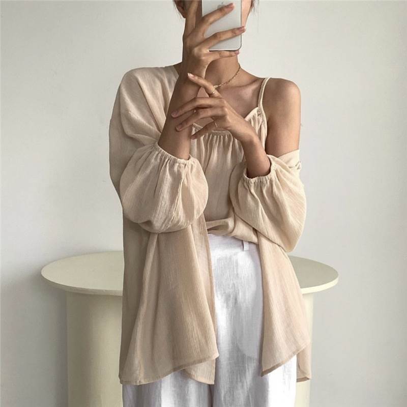Long-Sleeved - 【P2倍&クーポン有】羽織 透け感 レディース トップス シャツ ブラウス キャミソール インナー 前開き 丈長 7分袖 長袖 ボリューム袖 ドロップショルダー キャミソール Vネック Uネック 襟なし ストレート フォーマル オーバーサイズ バルーン フェミニン 立