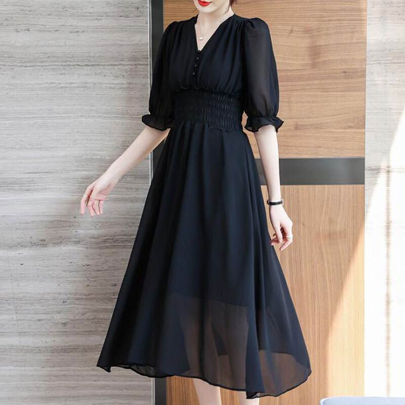 【P2倍&クーポン有】Aライン シフォン レディース ワンピース シャツワンピ フレア ドレス ミモレ マキシ 半袖 ボリューム袖 フリル袖 Vネック 襟なし ...