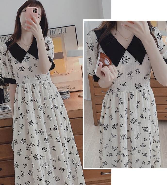 【P2倍&クーポン有】パフスリーブ ポロカラー Aライン レディース ワンピース シャツワンピ ロングスカート ロング 丈長 フルレングス 半袖 5分袖 Vネッ...