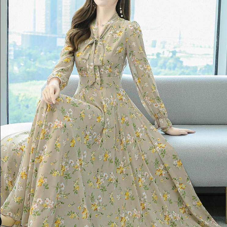 【P2倍&クーポン有】 シャツワンピ ロング マキシ 9分丈 レディース ワンピース ドレス 丈長 フルレングス 長袖 Vネック 襟なし ボウタイ Aライン ア...