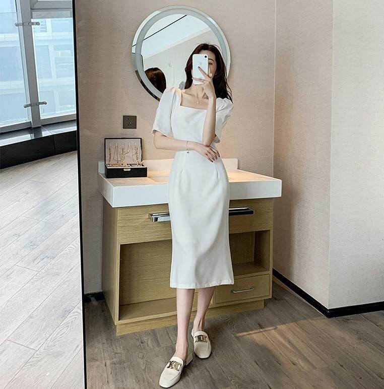 【P2倍&クーポン有】レディース スカート ワンピース ドレス フレア 膝丈 ハーフ 半袖 パフスリーブ スクエアネック 襟なし フレア セミフレア ストレート...