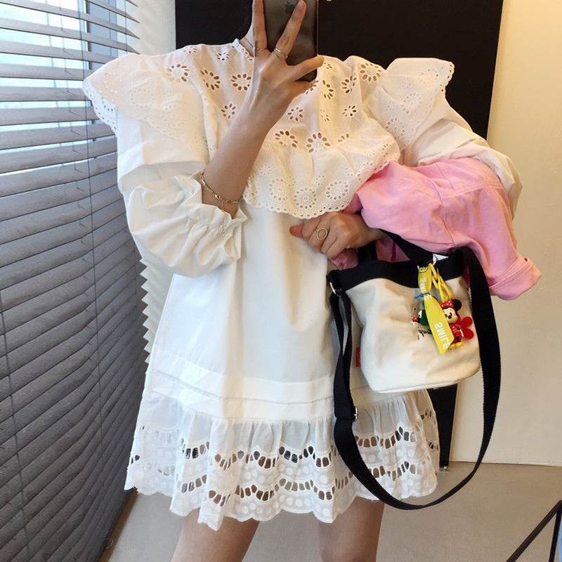 【P2倍&クーポン有】ティアード 刺繍 フリル 透け感 ティアードスリーブ ワンピース レディース プルオーバー シャツワンピース 個性的 春 夏 ミニ ショート丈 お尻カバー 長袖 二の腕カバー ボリューム袖 クルーネック 丸首 フレア Iライン スマート 落ち感