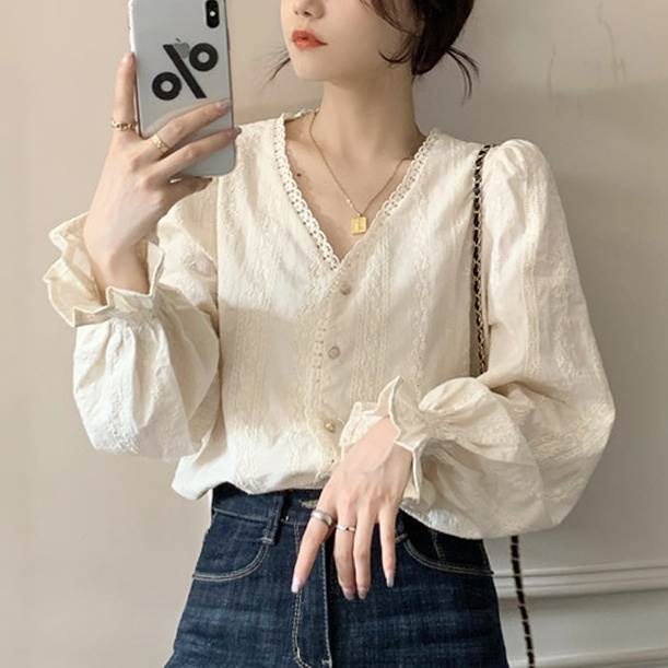 ボリューム袖Vネックトップスレディ...