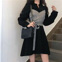 【P2倍&クーポン有】ドッキング チェック柄 グレンチェック ワンピース レディース フレアワンピース 個性的 春 秋 ミニ ひざ上 ショート丈 長袖 二の腕カバー Vネック フレア スリム 細身 スマート 切り替えデザイン 落ち感 レイヤード すっきり リボン ボ