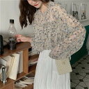 【P2倍&クーポン有】小花柄 透け感 3XL トップス レディース シャツ 柄シャツ 個性的 春 夏 ミディアム丈 ポッコリお腹カバー 長袖 二の腕カバー シアー袖 ラウンドネック レイヤード すっきり 肌みせ フリル ハリ感 ブルー 青 春カラー 花柄 フラワー S M L XL