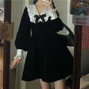 【P2倍&クーポン有】ワンピース レディース ワンピドレス 個性的 秋 冬 ミニ ショート丈 裾短め 長袖 二の腕カバー フリル袖 ぽわん袖 萌袖 ボリューム袖 パフスリーブ Vネック 襟付き 大きな襟 ビッグカラー 鎖骨きれい Aライン フリル リボン ブラック 黒 無地(4)