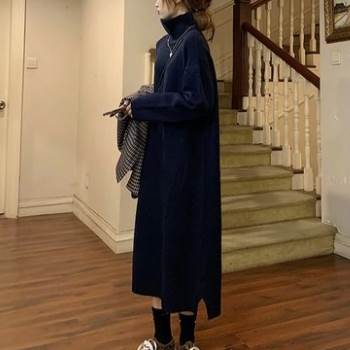 【P2倍&クーポン有】ニットワンピワンピース レディース ニット 秋 冬 ひざ下 ミモレ丈 7分丈 裾短め 長袖 二の腕カバー ふわ袖 萌袖 タートルネック ス...