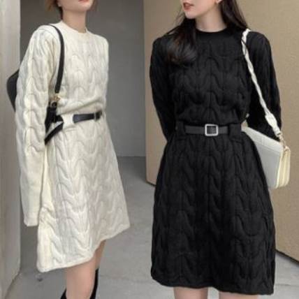 【P2倍&クーポン有】ワンピース レディース フレアワンピース 秋 冬 ミニ ひざ上 ショート丈 裾短め 長袖 萌袖 ボリューム袖 クルーネック 丸首 Uネック...