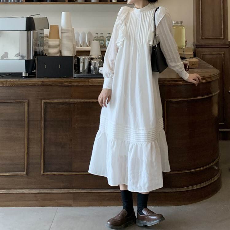 【P2倍&クーポン有】フリル スタンドカラー フレア ワンピース レディース シャツワンピース フレアワンピース 個性的 春 秋 ミモレ丈 ロング丈 お尻カバー...