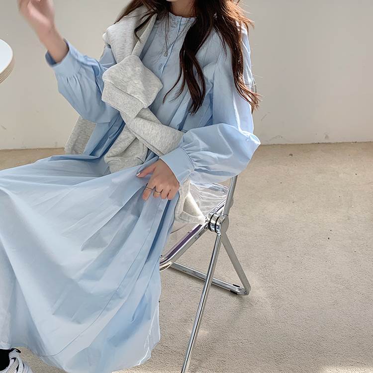 【P2倍&クーポン有】切り替えデザイン フレア クルーネック ワンピース レディース シャツワンピース フレアワンピース 個性的 春 秋 ミモレ丈 ロング丈 長袖 二の腕カバー 丸首 落ち感 すっきり ウエスト 立体的 ハリ感 ベージュ 青 無地 ゆったり フリーサイズ