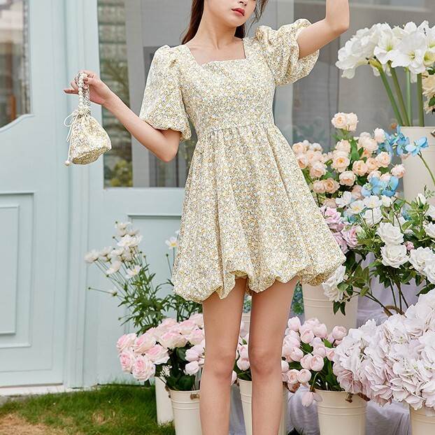 【P2倍&クーポン有】レディース スカート ワンピース チュニック シャツワンピ フレア ミニ ショート 膝上 半袖 5分袖 ボリューム袖 バルーン袖 スクエア...