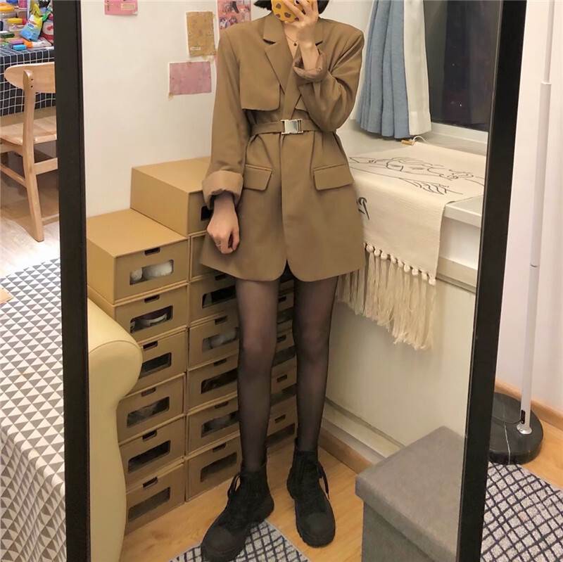 Turn-Down Collar Coat - 【P2倍&クーポン有】レディース ジャケット コート アウター 上着 ミディアム ステンカラーコート 長袖 萌袖 Vネック 襟付き ステンカラー ワイド Iライン オーバーサイズ フェミニン 立体感 ベルト ウエストマーク ポケット ロールアップ かわいい 茶色 ブラウン