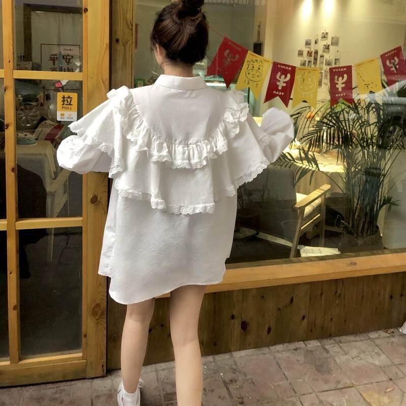 【P2倍&クーポン有】レディース シャツ ブラウス 羽織 前開き ロング 丈長 長袖 萌袖 襟付き ポロカラー ワイド ストレート オーバーサイズ フェミニン ...