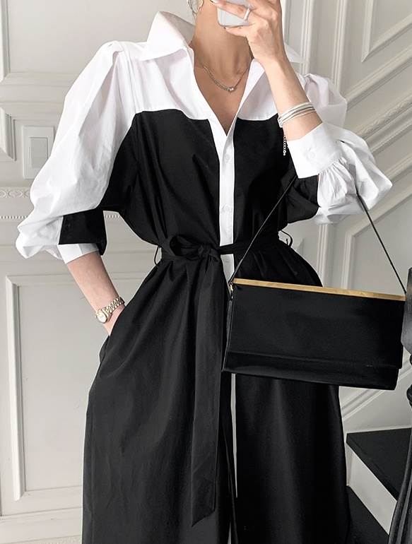 【P2倍&クーポン有】ワンピース レディース シャツワンピース 個性的 春 夏 秋 ミモレ丈 長袖 ボリューム袖 襟付き セミフレア Aライン リボン ウエスト...