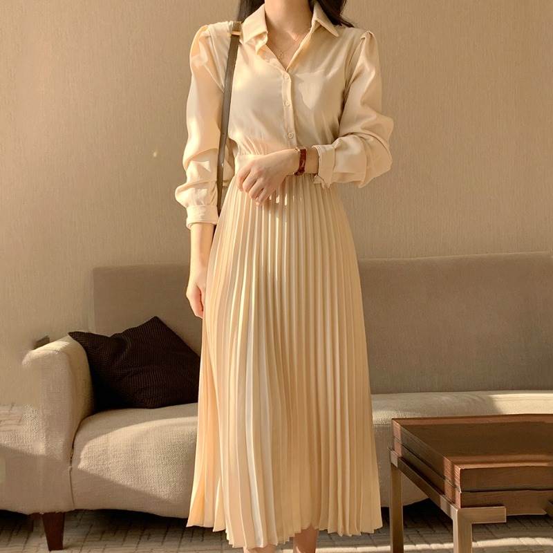 【P2倍&クーポン有】セットアップ トップス スカート レディース シャツ ブラウス プリーツスカート 春 夏 秋 ロング丈 長袖 レギュラーカラー セミフレア リボン ウエスト アプリコット 無地 S M L XL LL 薄手 オフィス パーティー イベント 旅行 レストラン 外出